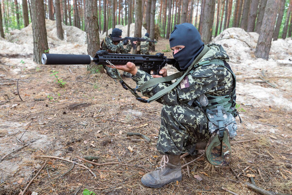KYIV, UKRAINE - Jun. 17, 2022: War in Ukraine. Combat training of the Bucha Territorial Defense members in Kyiv region, Ukraine