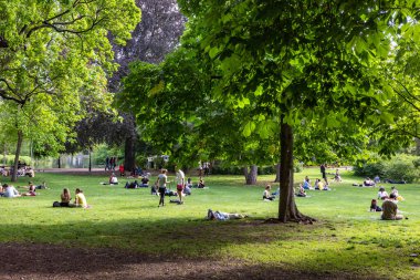 VIENNA, AUSTRIA - 26 Mayıs 2022: Gençler güneşli bir günde halk parkında dinleniyorlar. Şehir merkezindeki parkta dinlenen insanlar..