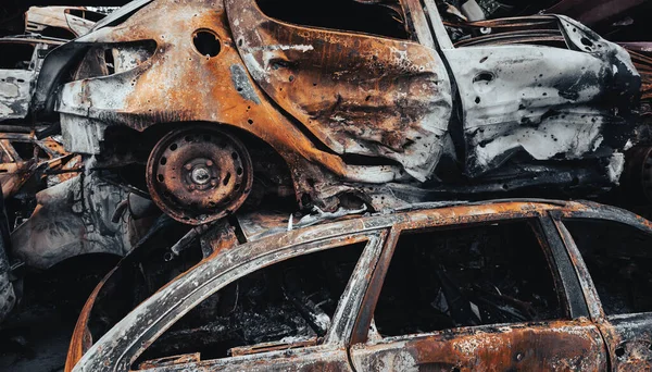 Autók Elpusztult Közepette Oroszország Támadás Ukrajna Látható Miután Gyűjtött Különböző — Stock Fotó