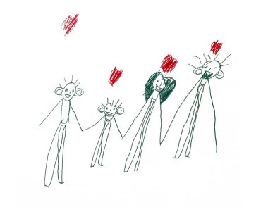 Friendly family with mom, dad, children and red hearts full of love. Children's drawing with a ballpoint pen