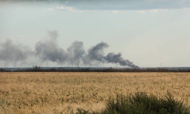 GÜNEY REG, UKRAine - Jun. 11, 2022: Ukrayna savaşı. Ukrayna 'nın güney bölgelerinde buğday tarlaları yanıyor ve duman çıkıyor