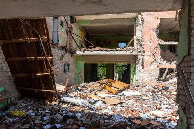 CHERNIHIV, UKRAINE - Jul. 27, 2022: War in Ukraine. Destroyed school in Chernihiv as a result of the attack of the Russian invaders