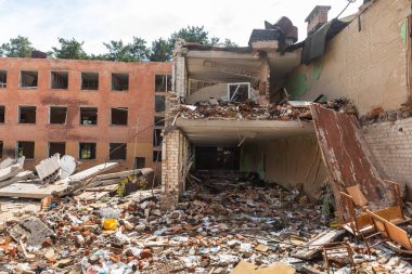 CHERNIHIV, UKRAINE - Jul. 27, 2022: War in Ukraine. Destroyed school in Chernihiv as a result of the attack of the Russian invaders