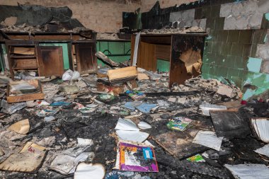 CHERNIHIV, UKRAINE - Jul. 27, 2022: War in Ukraine. Destroyed school in Chernihiv as a result of the attack of the Russian invaders