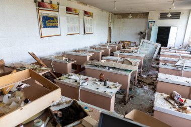 CHERNIHIV, UKRAINE - Jul. 27, 2022: War in Ukraine. Destroyed school in Chernihiv as a result of the attack of the Russian invaders