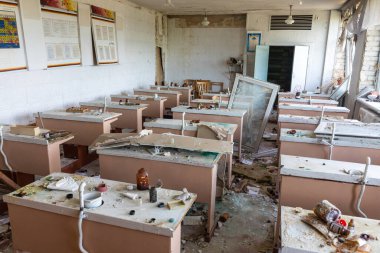 CHERNIHIV, UKRAINE - Jul. 27, 2022: War in Ukraine. Destroyed school in Chernihiv as a result of the attack of the Russian invaders