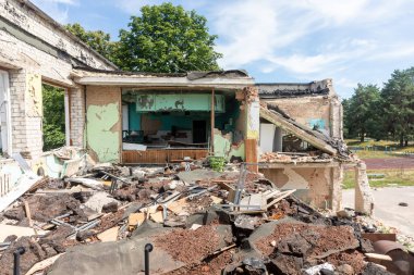 CHERNIHIV, UKRAINE - Jul. 27, 2022: War in Ukraine. Destroyed school in Chernihiv as a result of the attack of the Russian invaders