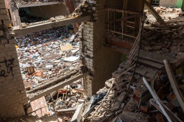 CHERNIHIV, UKRAINE - Jul. 27, 2022: War in Ukraine. Destroyed school in Chernihiv as a result of the attack of the Russian invaders