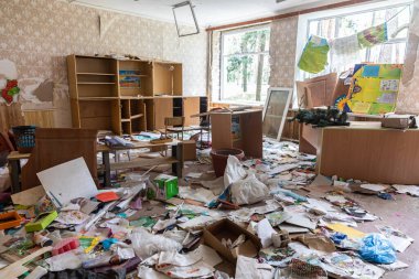 CHERNIHIV, UKRAINE - Jul. 27, 2022: War in Ukraine. Destroyed school in Chernihiv as a result of the attack of the Russian invaders