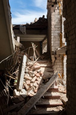 CHERNIHIV, UKRAINE - Jul. 27, 2022: War in Ukraine. Destroyed school in Chernihiv as a result of the attack of the Russian invaders