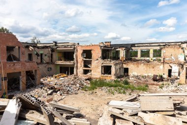 CHERNIHIV, UKRAINE - Jul. 27, 2022: War in Ukraine. Destroyed school in Chernihiv as a result of the attack of the Russian invaders