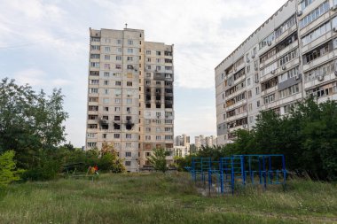 KHARKIV, UKRAINE - Aug. 01, 2022: Destroyed building in historical downtown as a consequences of Russian shelling in Kharkiv. War of Russia against Ukraine.