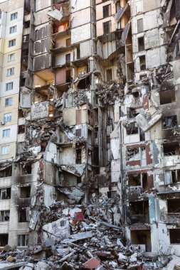 KHARKIV, UKRAINE - Jul. 29, 2022: Destroyed residential apartment building as a consequences of Russian missile shelling  in the area of North Saltivka, Kharkiv, Ukraine
