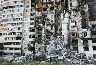 KHARKIV, UKRAINE - Jul. 29, 2022: Destroyed residential apartment building as a consequences of Russian missile shelling  in the area of North Saltivka, Kharkiv, Ukraine