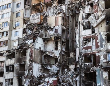 KHARKIV, UKRAINE - Jul. 29, 2022: Destroyed residential apartment building as a consequences of Russian missile shelling  in the area of North Saltivka, Kharkiv, Ukraine