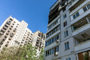 KHARKIV, UKRAINE - Jul. 29, 2022: Destroyed residential apartment building as a consequences of Russian missile shelling  in the area of North Saltivka, Kharkiv, Ukraine