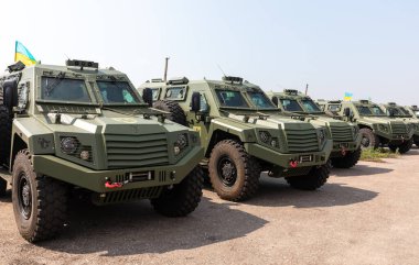 DONETSK Reg, UKRAINE - Aug. 11, 2022:  A batch of 11 new Italian-made MLS SHIELD armored vehicles bought by the Poroshenko fund delivered to the Airborne Assault Forces of Ukraine