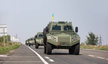 DONETSK Reg, UKRAINE - Aug. 11, 2022:  A batch of 11 new Italian-made MLS SHIELD armored vehicles bought by the Poroshenko fund delivered to the Airborne Assault Forces of Ukraine
