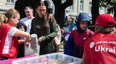 KHARKIV, UKRAINE - Aug. 02, 2022: A volunteer girl pours oatmeal into plastic bags for people in the grocery line. Volunteer organization Caritas Ukraine distributes food to the needy in Kharkiv