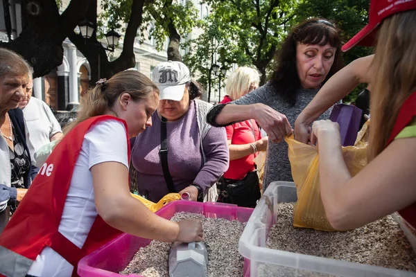 Харкив Украина Августа 2022 Пожилая Женщина Мужчина Пластиковым Пакетом Ждут — стоковое фото