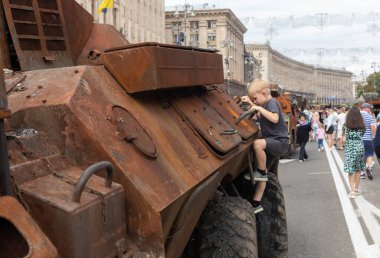 KYIV, UKRAINE - Aug. 20, 2022: An exhibition of destroyed Russian equipment is being organized on Khreshchatyk in Kyiv