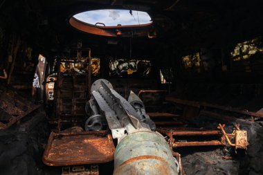KYIV, UKRAINE - Aug. 20, 2022: An exhibition of destroyed Russian equipment is being organized on Khreshchatyk in Kyiv clipart