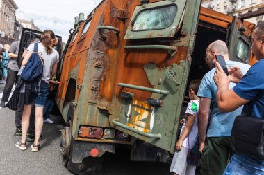 KYIV, UKRAINE - Aug. 20, 2022: An exhibition of destroyed Russian equipment is being organized on Khreshchatyk in Kyiv