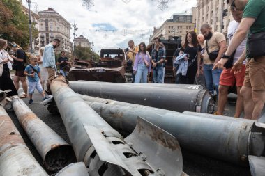 KYIV, UKRAINE - Aug. 20, 2022: An exhibition of destroyed Russian equipment is being organized on Khreshchatyk in Kyiv