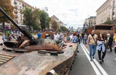 KYIV, UKRAINE - Aug. 20, 2022: An exhibition of destroyed Russian equipment is being organized on Khreshchatyk in Kyiv