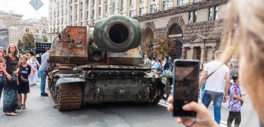 KYIV, UKRAINE - Aug. 20, 2022: An exhibition of destroyed Russian equipment is being organized on Khreshchatyk in Kyiv