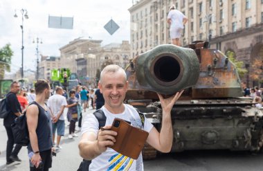 KYIV, UKRAINE - Aug. 20, 2022: An exhibition of destroyed Russian equipment is being organized on Khreshchatyk in Kyiv