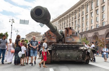 KYIV, UKRAINE - Aug. 20, 2022: An exhibition of destroyed Russian equipment is being organized on Khreshchatyk in Kyiv