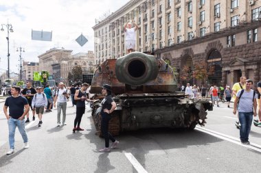 KYIV, UKRAINE - Aug. 20, 2022: An exhibition of destroyed Russian equipment is being organized on Khreshchatyk in Kyiv