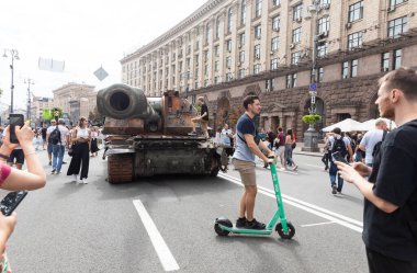 KYIV, UKRAINE - Aug. 20, 2022: An exhibition of destroyed Russian equipment is being organized on Khreshchatyk in Kyiv