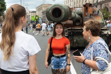 KYIV, UKRAINE - Aug. 20, 2022: An exhibition of destroyed Russian equipment is being organized on Khreshchatyk in Kyiv