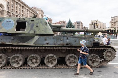 KYIV, UKRAINE - Aug. 20, 2022: An exhibition of destroyed Russian equipment is being organized on Khreshchatyk in Kyiv
