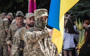 KYIV, UKRAINE - Aug. 25, 2022: Funerals of the Ukrainian soldier Yuriy Karakai who died from mortar fire in the battle in Kherson region