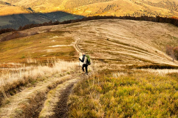 Homem aventureiro está descendo do topo da montanha e desfrutando da bela vista durante um pôr do sol vibrante. — Fotografia de Stock