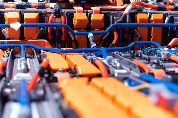 Electric Car Battery Power Connections Closeup Blue Toned Car Battery — Foto de Stock