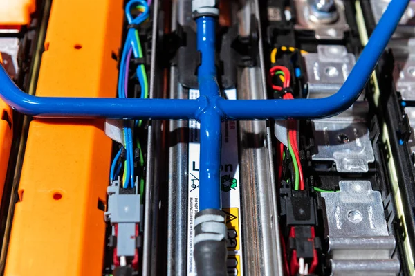Electric Car Battery Power Connections Closeup Blue Toned Car Battery — Stock Photo, Image