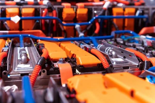 Electric Car Battery Power Connections Closeup Blue Toned Car Battery —  Fotos de Stock