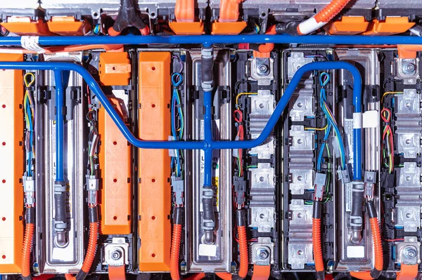 Electric Car Battery Power Connections Closeup Blue Toned Car Battery — Zdjęcie stockowe