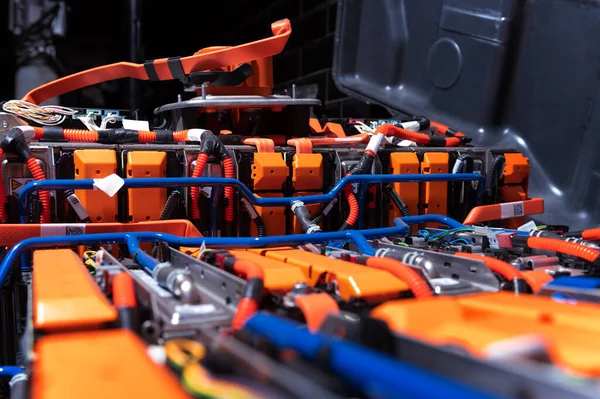 Electric Car Battery Power Connections Closeup Blue Toned Car Battery — Stock Photo, Image