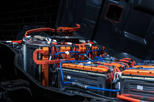 Electric Car Battery Power Connections Closeup Blue Toned Car Battery — Fotografia de Stock