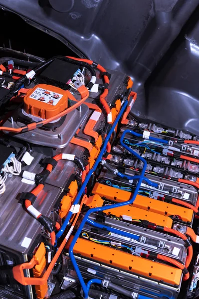 Electric Car Battery Power Connections Closeup Blue Toned Car Battery — Stockfoto