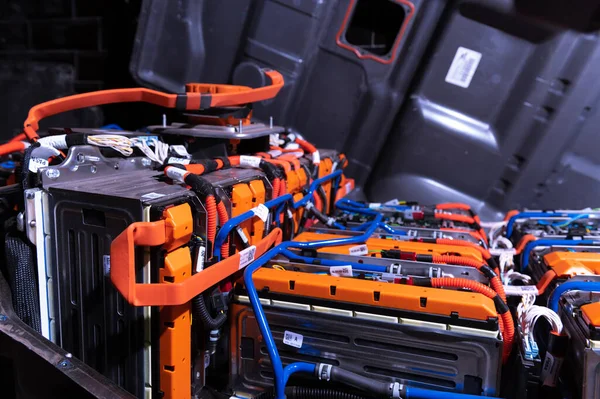 Electric Car Battery Power Connections Closeup Blue Toned Car Battery — Stock Photo, Image