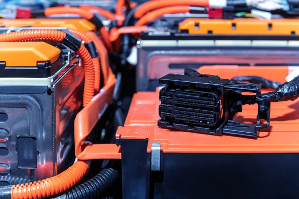 Electric Car Battery Power Connections Closeup Blue Toned Car Battery — Zdjęcie stockowe