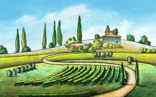 Italian country landscape. Original digital painting. — Stock Photo, Image