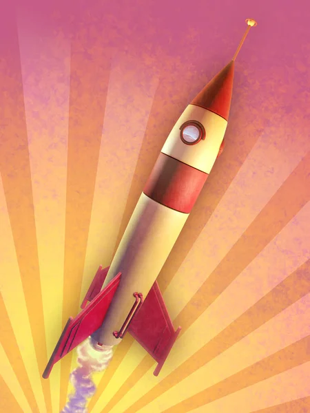 带有复古设计的火箭在温暖的色彩背景上起飞 数字说明 — 图库照片