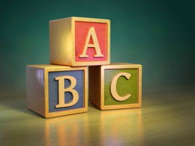 Alfabenin ilk üç harfi ile tahta bloklar. Dijital illüstrasyon.